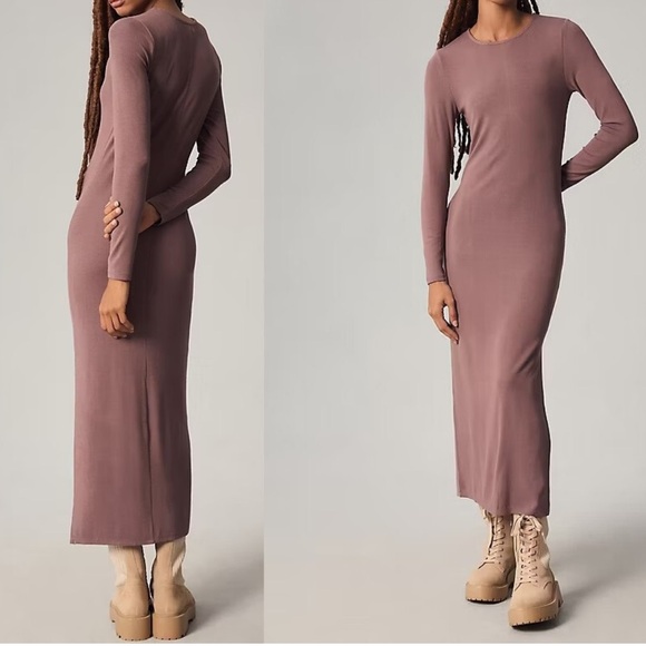 Anthropologie Bordeaux Cocoa Long Sleeve Bodycon Ribbed Maxi Dress Stretch M NWT - Picture 1 of 15